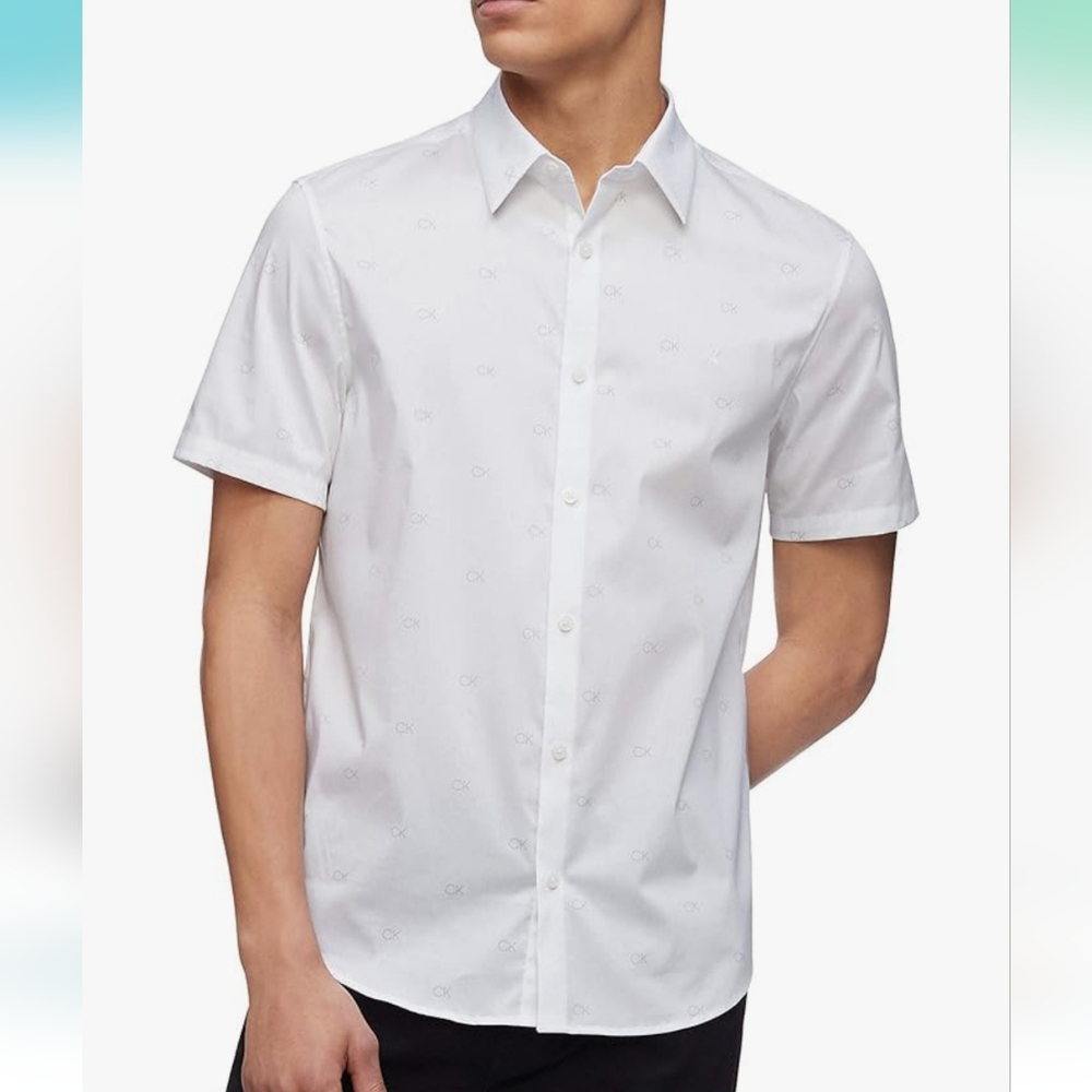 Calvin Klein Men's White Short Sleeve CK Button Up Dress Shirt